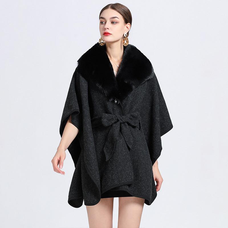 Faux Rex Rabbit Fur Collar Knit Shawl Cape - Nioor