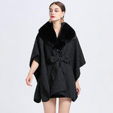 Faux Rex Rabbit Fur Collar Knit Shawl Cape - Nioor