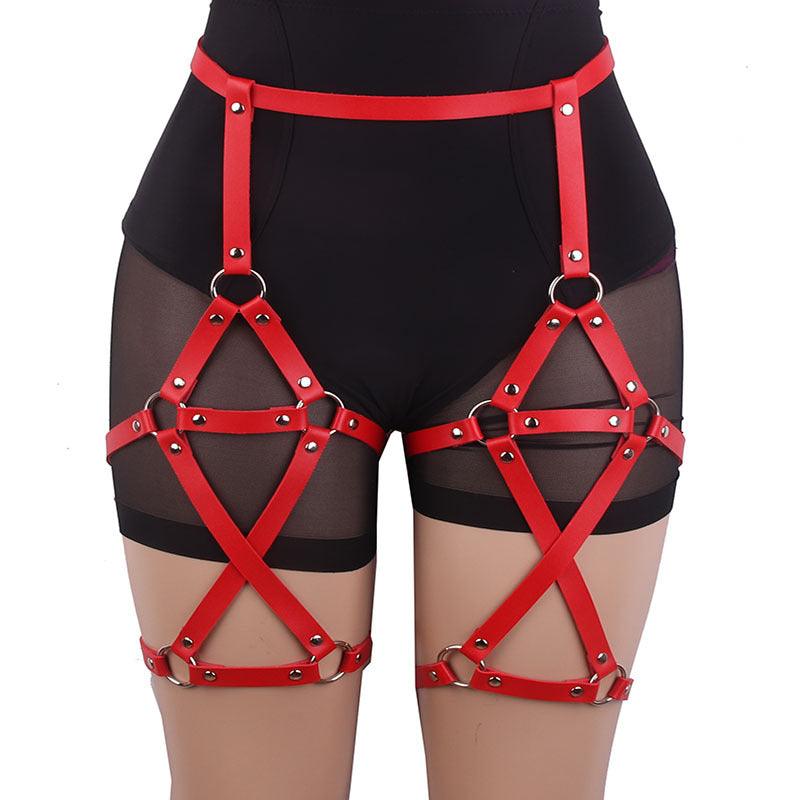 Double-row Cross Adjustable Leather Leg Ring Belt Integrated Suspenders - Nioor