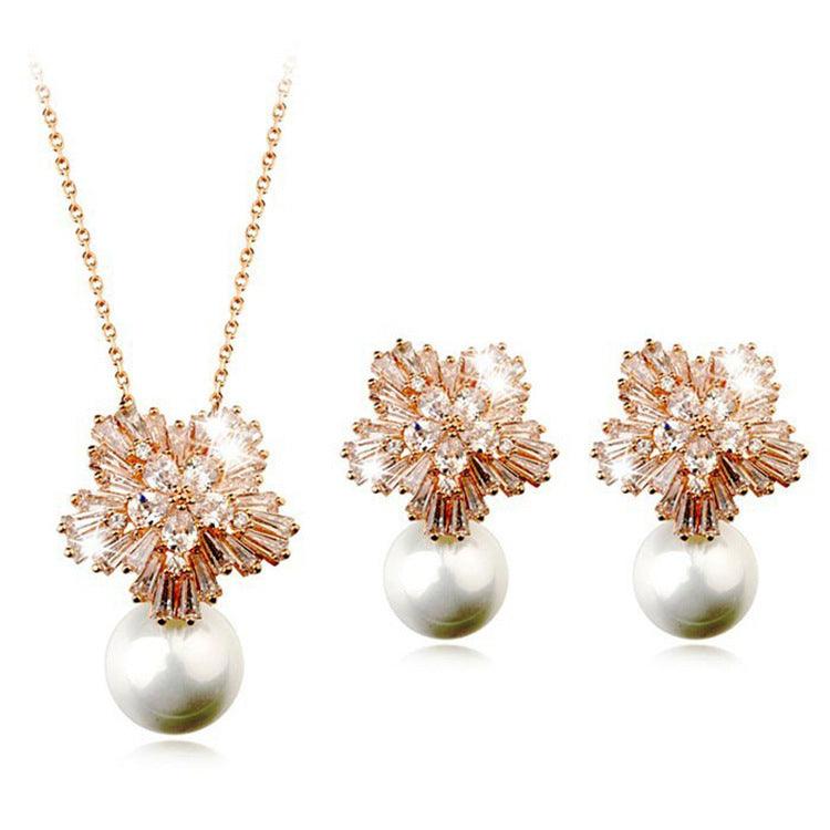 Korean temperament luxury high-grade pearl necklace earrings set with zircon jewelry micro all-match fashion bride - Nioor