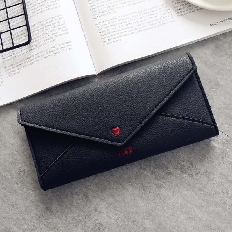 Women's Long Heart-shaped Letter Embroidery Line 2 Fold Multifunctional Simple Wallet Student Multifunctional Wallet