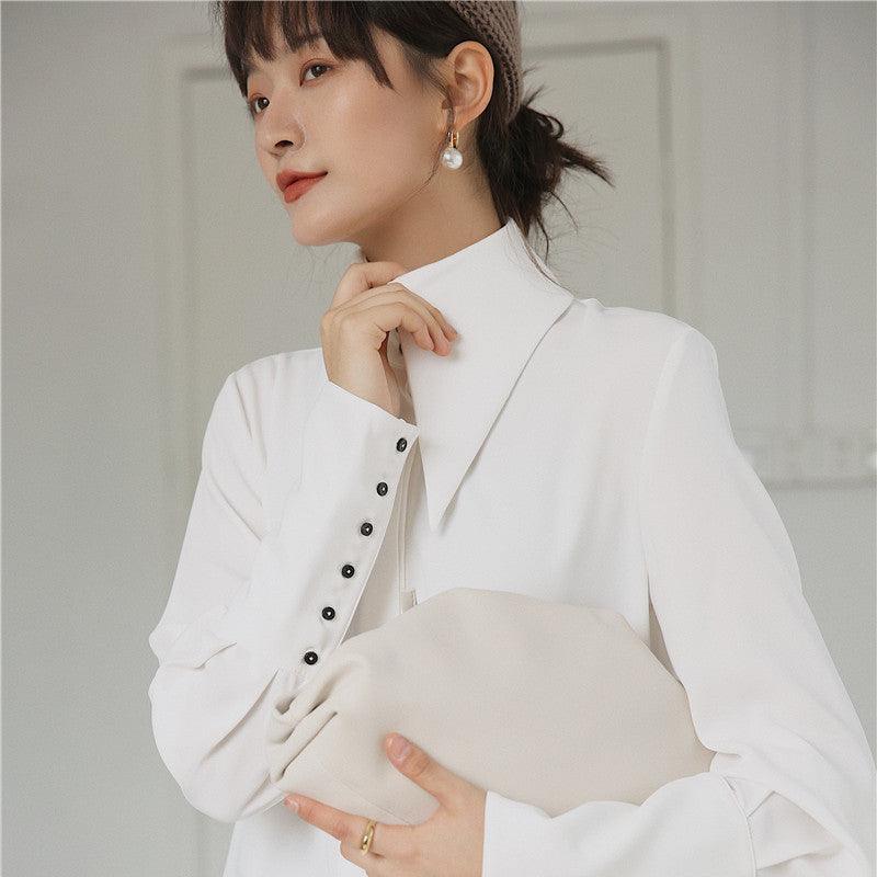 Women's Fashionable Simple Lantern Sleeve Pointed Collar Loose Straight Horseshoe Shirt - Nioor