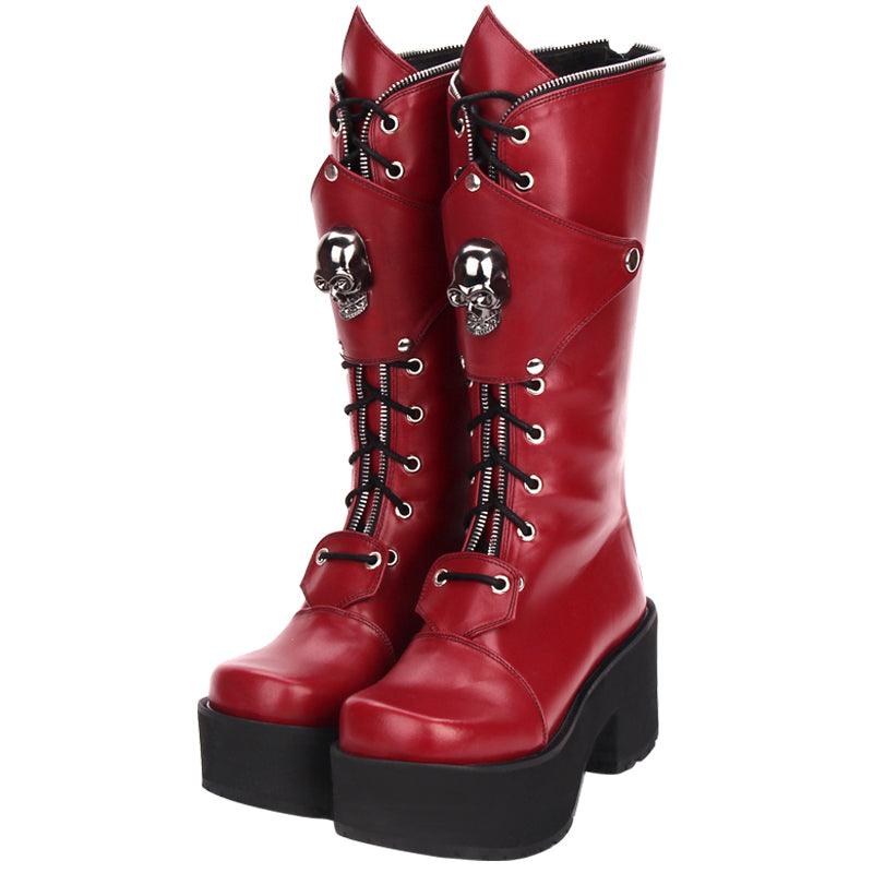 Zipper Studded Skull Punk Thick-soled High Boots - Nioor