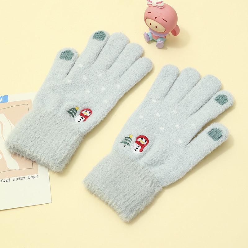 Padded And Thickened Warm Snowman Embroidered Touch Screen Gloves - Nioor