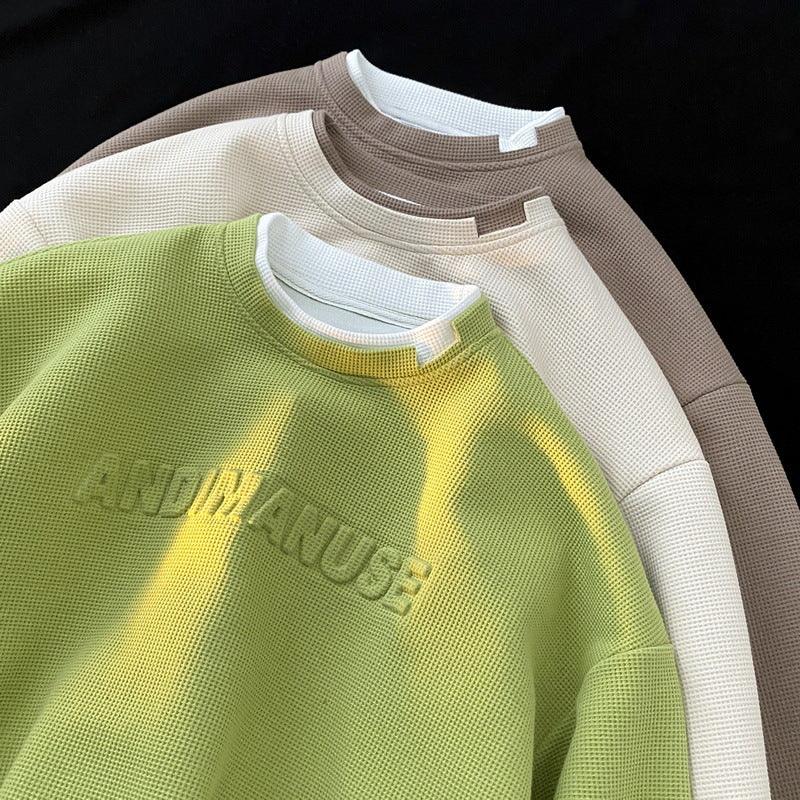 Heavy Avocado Green Hoody Men's Trendy Waffle Capless Round Neck - Nioor