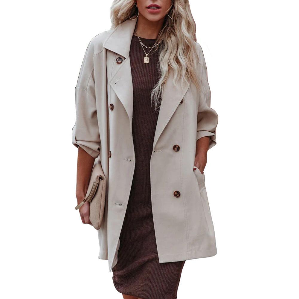 Medium Long Loose Casual Long Sleeve Trench Coat - Nioor