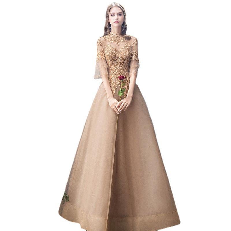 Banquet Evening Dress Female Golden Stand-up Collar Host Annual Party Dress Skirt - Nioor