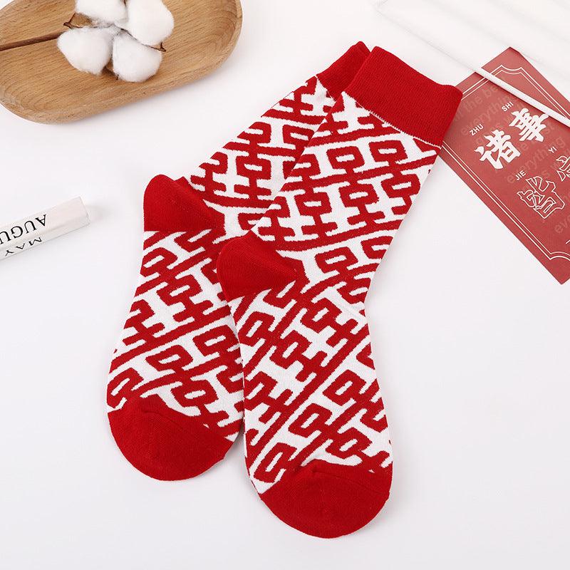 Autumn And Winter Big Red Double Happy Character Printed Stockings - Nioor