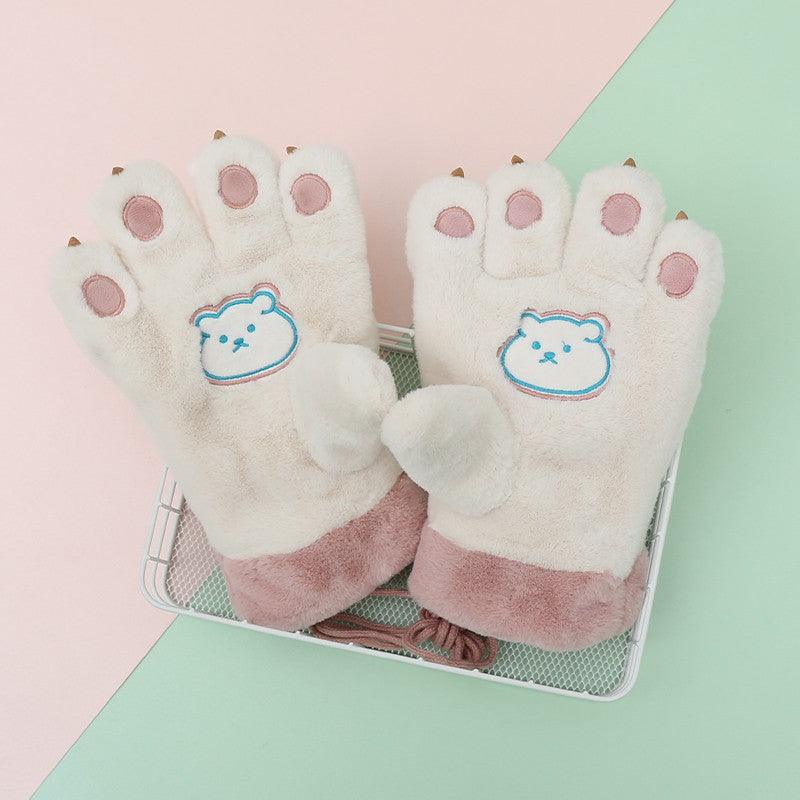 Cute Cartoon Bear Claw Plush Gloves Female Winter Warm Fleece-lined Thickened Hand-shaped Brush Road Bike Skiing - Nioor