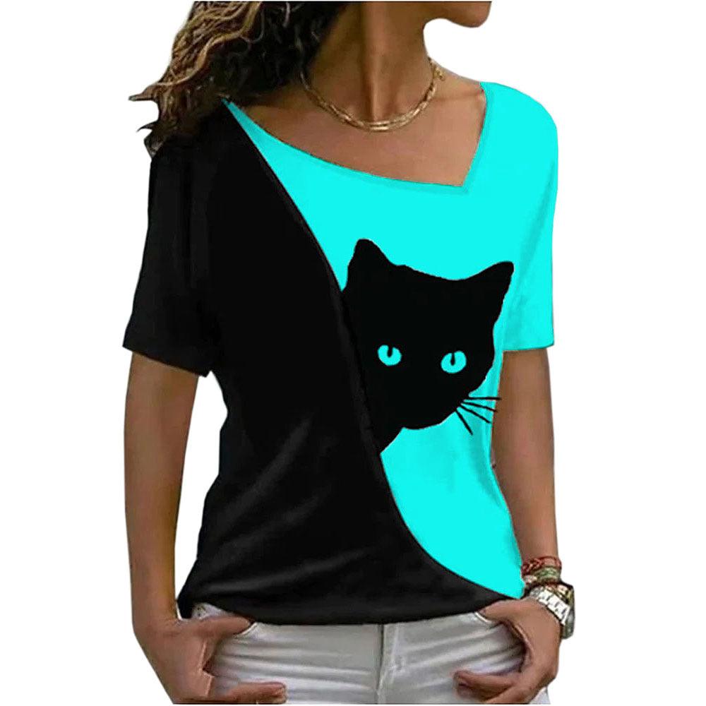 Women's Cat Printing Top Short Sleeve - Nioor