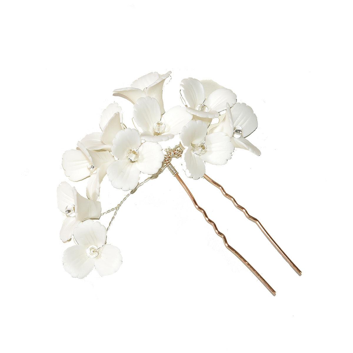 White Three Dimensional Flower U Shaped Hairpin - Nioor