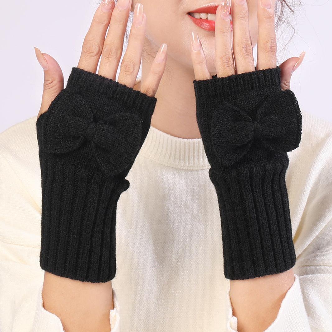 Bow Knitted Wool Keep Warm Half Finger Fingerless Gloves - Nioor