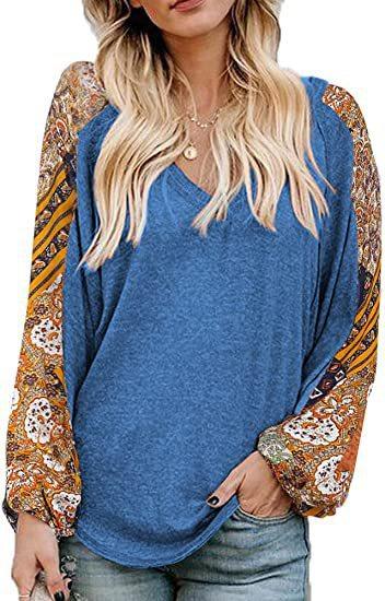 Women's New Loose V-neck Balloon Splicing T-shirt Women - Nioor