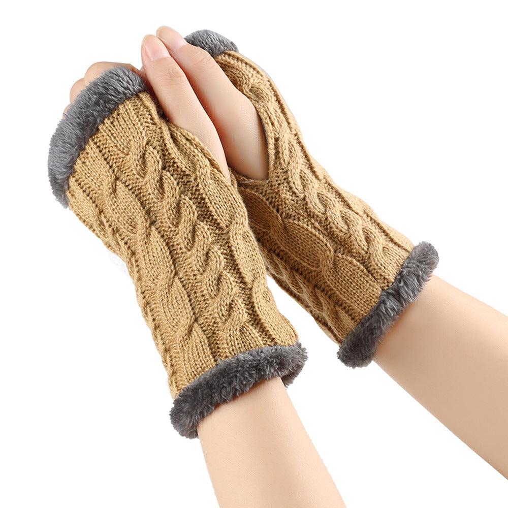 Winter Plush Gloves Twist Knitted Fingerless Fleece Gloves Women Warm Thickened Woolen Gloves - Nioor