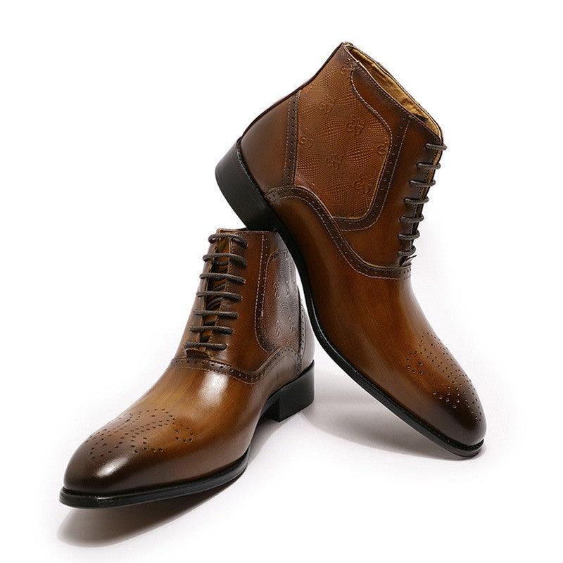 Men's Pointed Leather Boots Front Lace-up Boots - Nioor