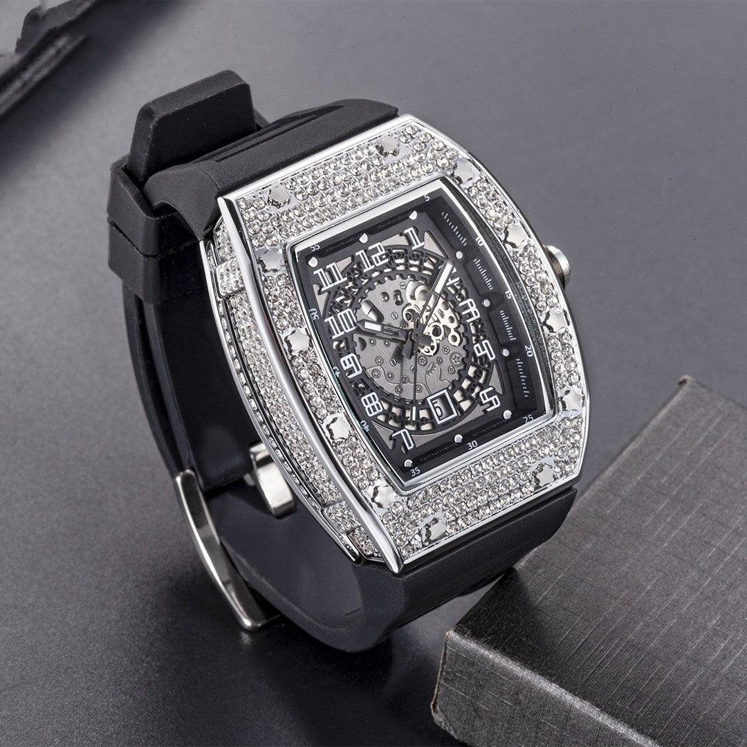 Full Diamond Tonneau Silicone Band Quartz Men's Watch - Nioor