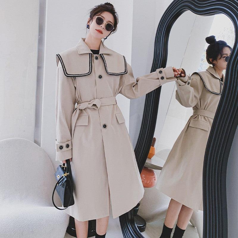 Black Navy Collar Trench Women's Mid-length Spring This Year's Popular High-end Chic Coat - Nioor