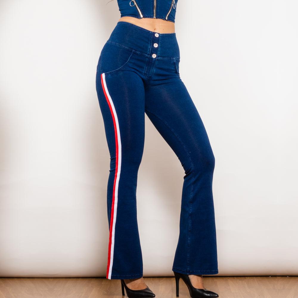 Shascullfites Melody Dark Blue Striped Flared Lift Jeggings Button Up Jeans Bum Lift Jeans High Waist Flare Jeans Women - Nioor