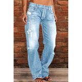 Women's Denim Trend Mid Waist Ripped Leisure Straight-leg Pants - Nioor