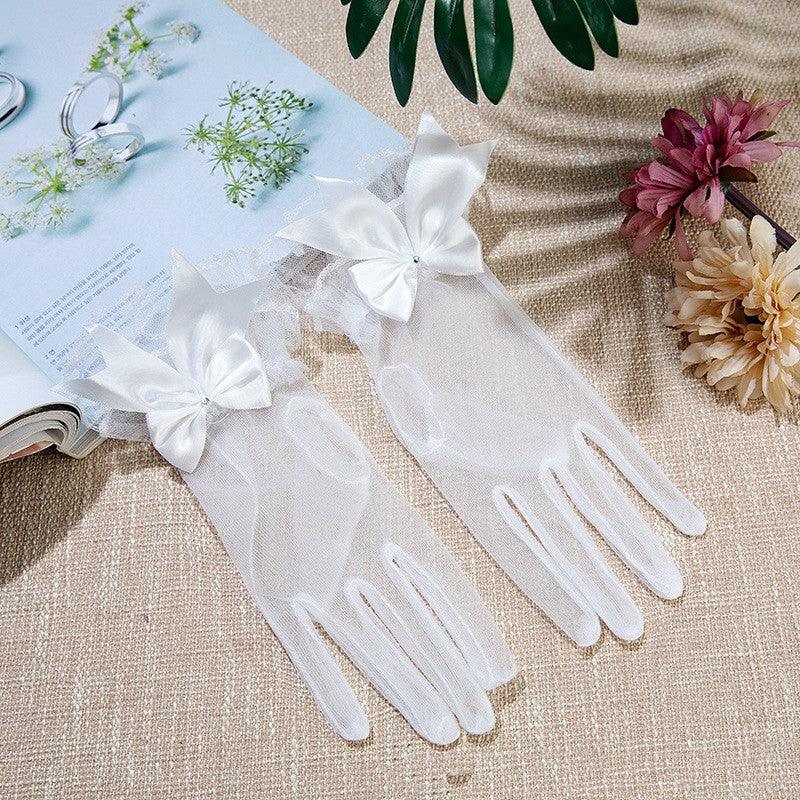 Bridal Wedding Gloves Short Full Finger Crystal Tulle - Nioor