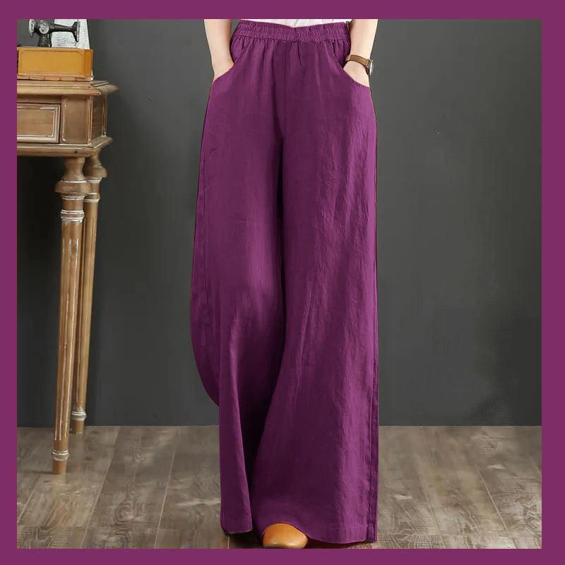 Pure Linen Plus Size Wide Leg Pants Women Drawstring Elastic - Nioor