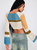 2023 Contrasting Color Stitching Long -sleeved Hollow Sweater Short Waist Knit Sweater - Nioor