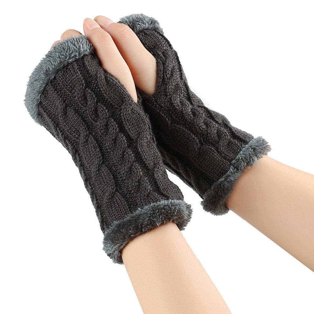 Winter Plush Gloves Twist Knitted Fingerless Fleece Gloves Women Warm Thickened Woolen Gloves - Nioor