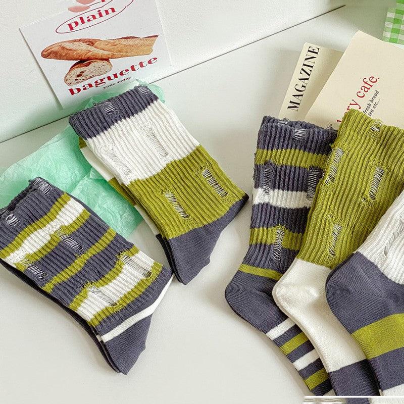 Ripped Beggar Socks Women Striped Bunching Socks - Nioor