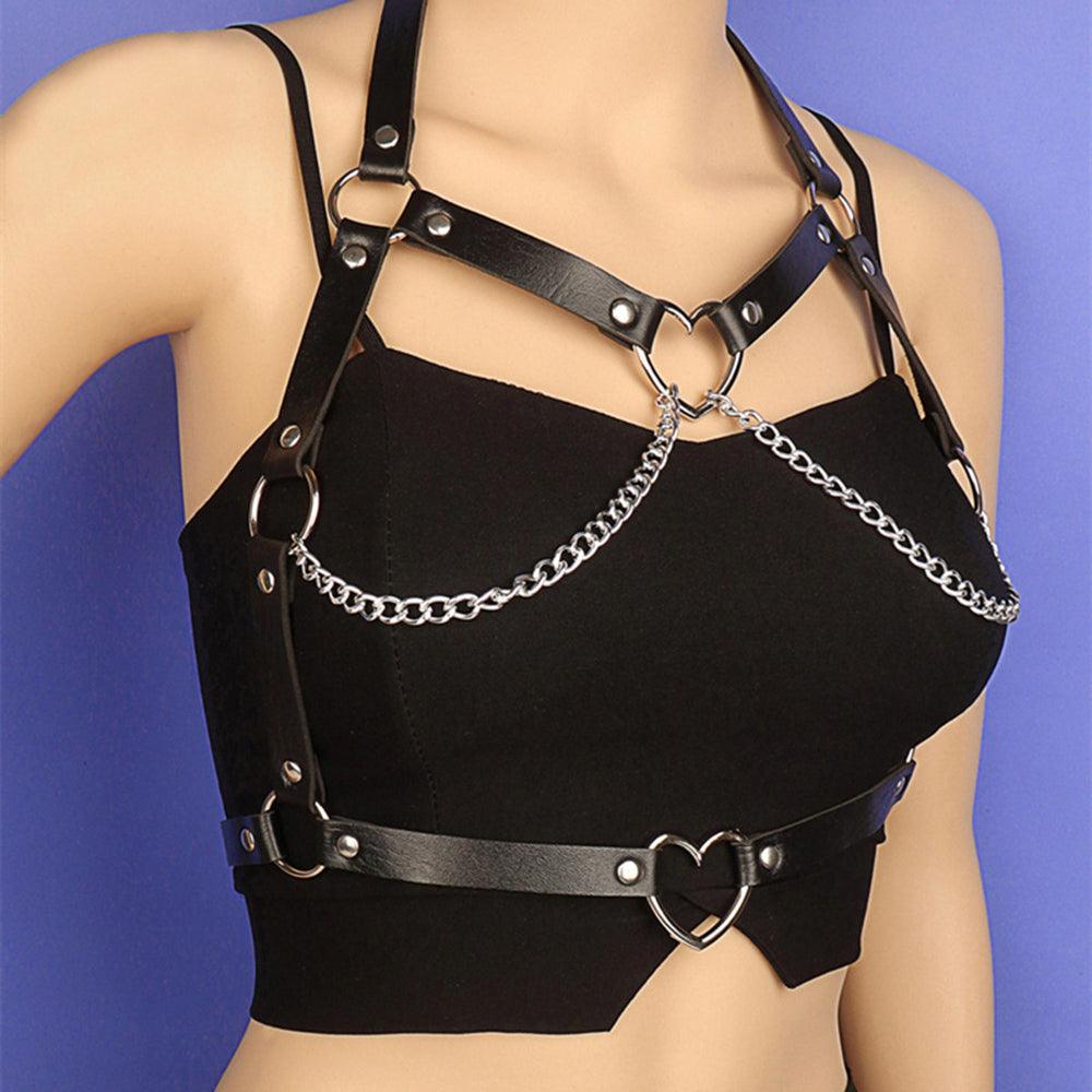 Punk Lady Sweet Love Heart Chain Leather Strap Sexy Waist Chain Body Chain Show Club Dance Leather Belt - Nioor