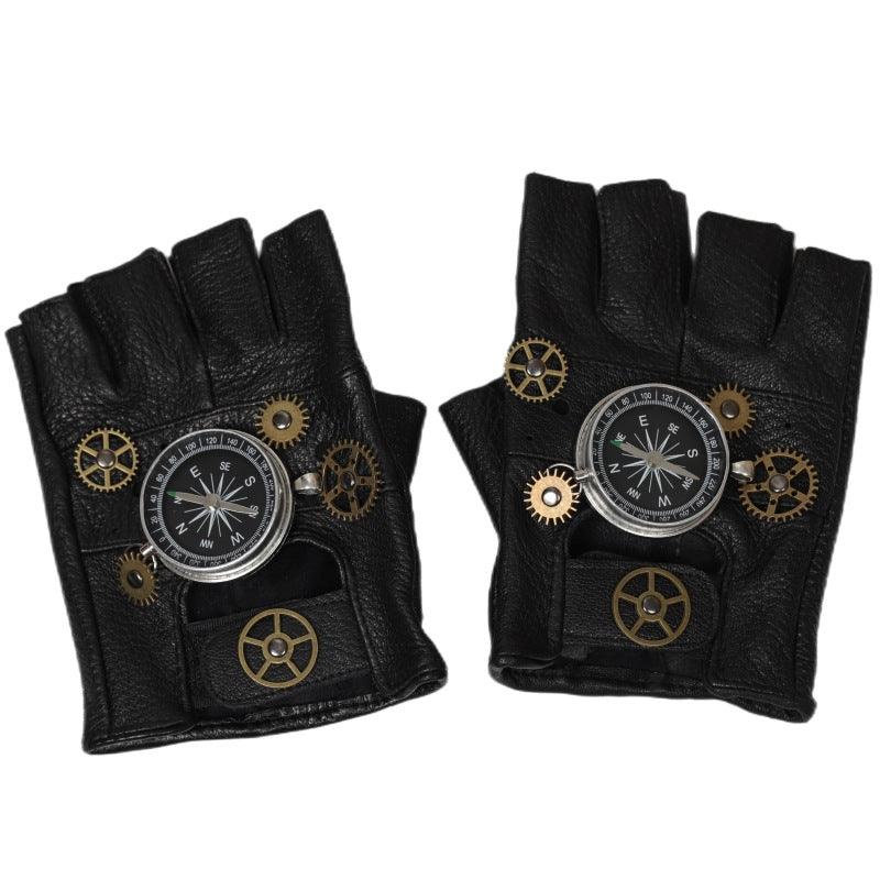 European And American Steampunk Leather Gloves Gear Half Finger Gloves Compass Retro - Nioor