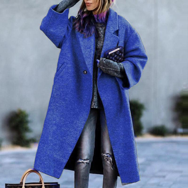 Autumn And Winter Long Woolen Color Temperament Commute No Belt Lapel Loose Woolen Green Coat - Nioor