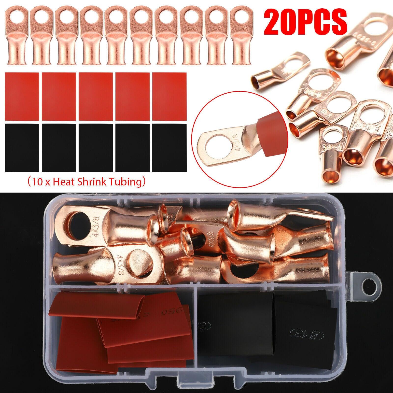 20pcs 4 AWG Gauge Copper Lugs W BLACK & RED Heat Shrink End Ring Terminals Wire - Nioor