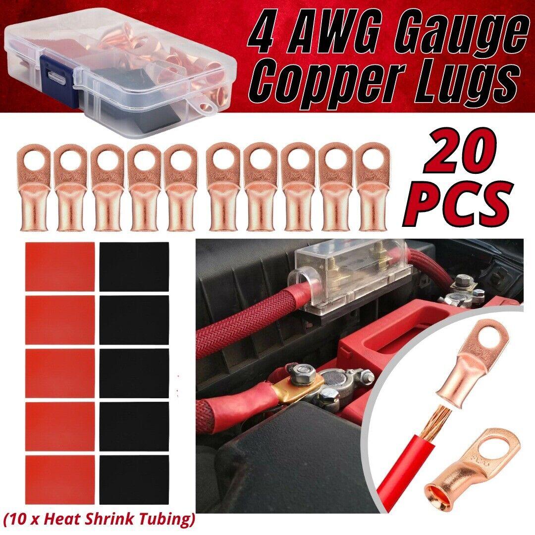 20pcs 4 AWG Gauge Copper Lugs W BLACK & RED Heat Shrink End Ring Terminals Wire - Nioor