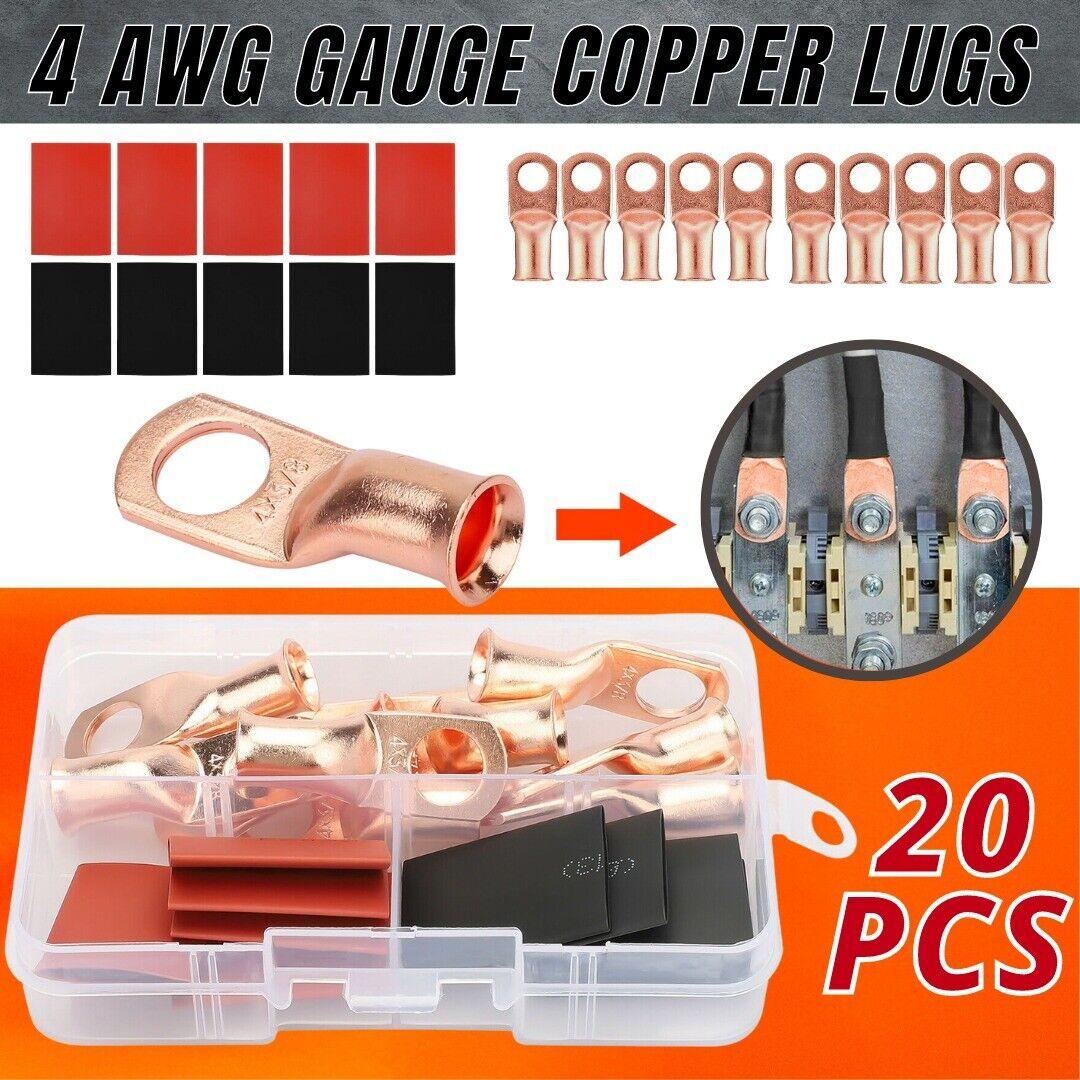 20pcs 4 AWG Gauge Copper Lugs W BLACK & RED Heat Shrink End Ring Terminals Wire - Nioor