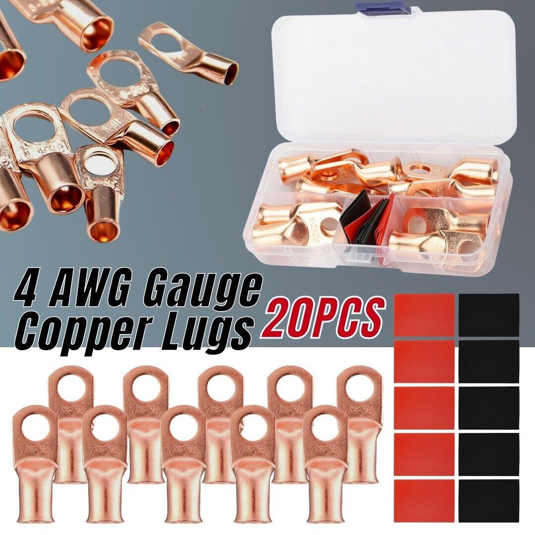 20pcs 4 AWG Gauge Copper Lugs W BLACK & RED Heat Shrink End Ring Terminals Wire - Nioor