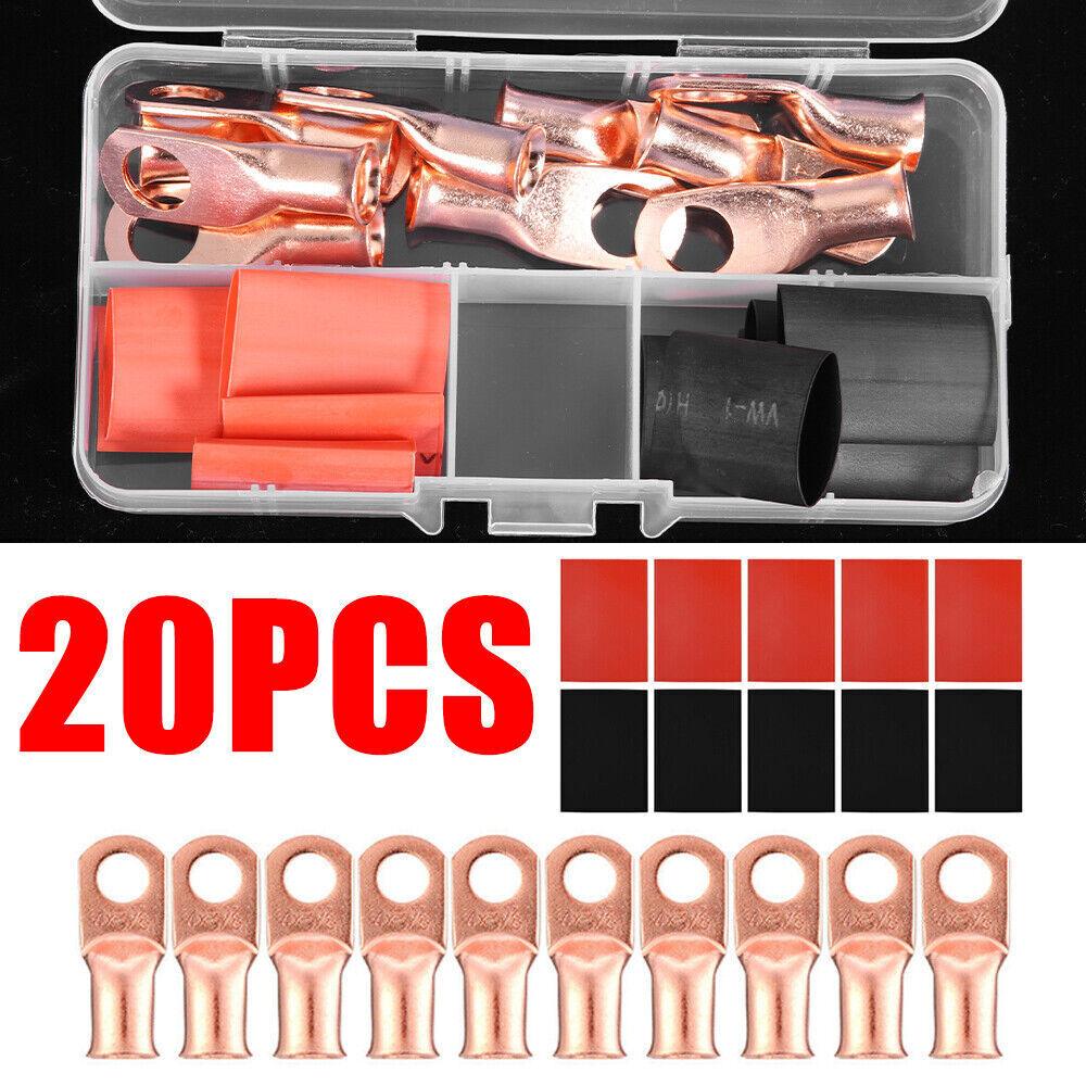 20pcs 4 AWG Gauge Copper Lugs W BLACK & RED Heat Shrink End Ring Terminals Wire - Nioor