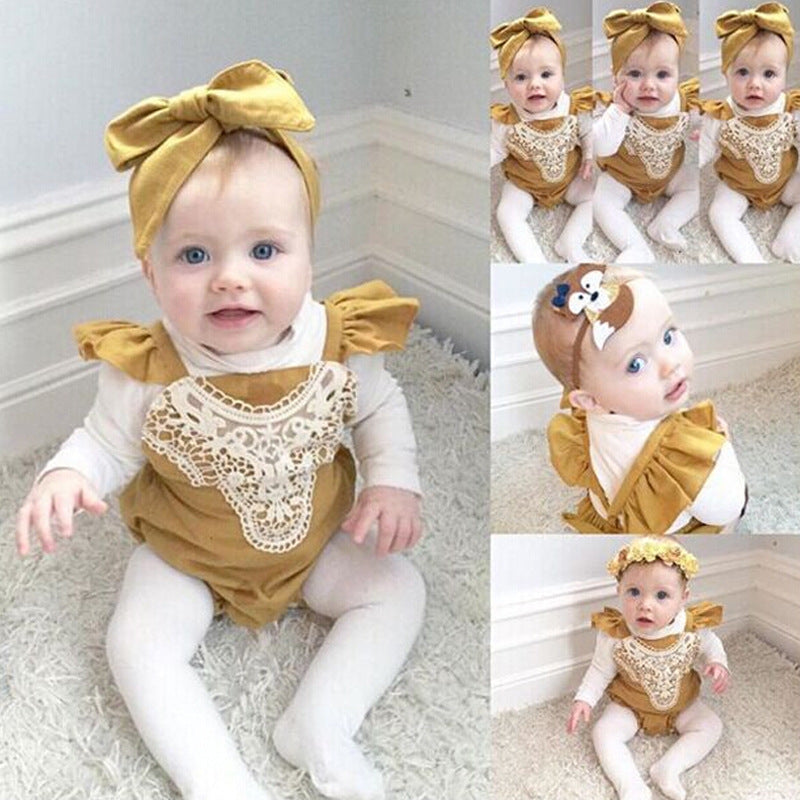 Mustard Flower Patchwork Romper + Headband 2pc set