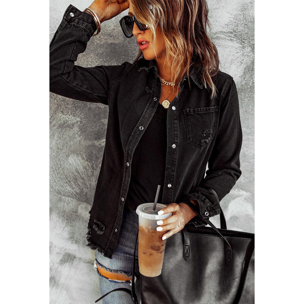 Black Ripped Shirt Denim Long Sleeve Coat Jacket Women - Nioor