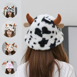 Cow Pattern Fisherman Hat With Cute Horn Winter Fashion Thickened Warm Plush Hat For Women - Nioor