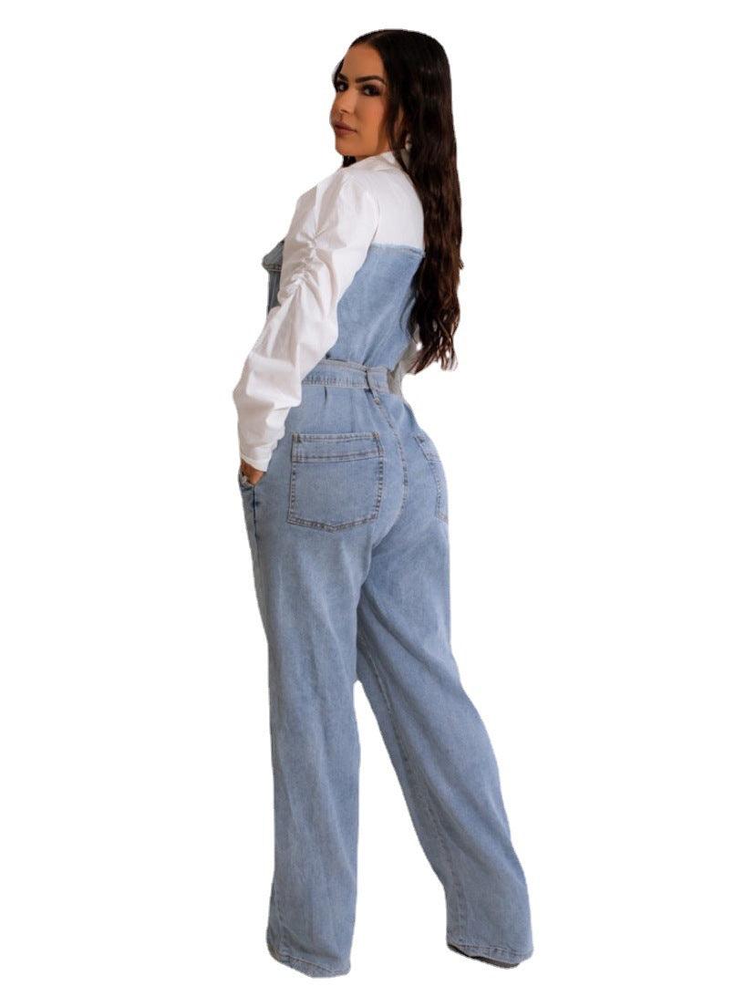 Casual Denim Stitching Plus Size Jumpsuit - Nioor