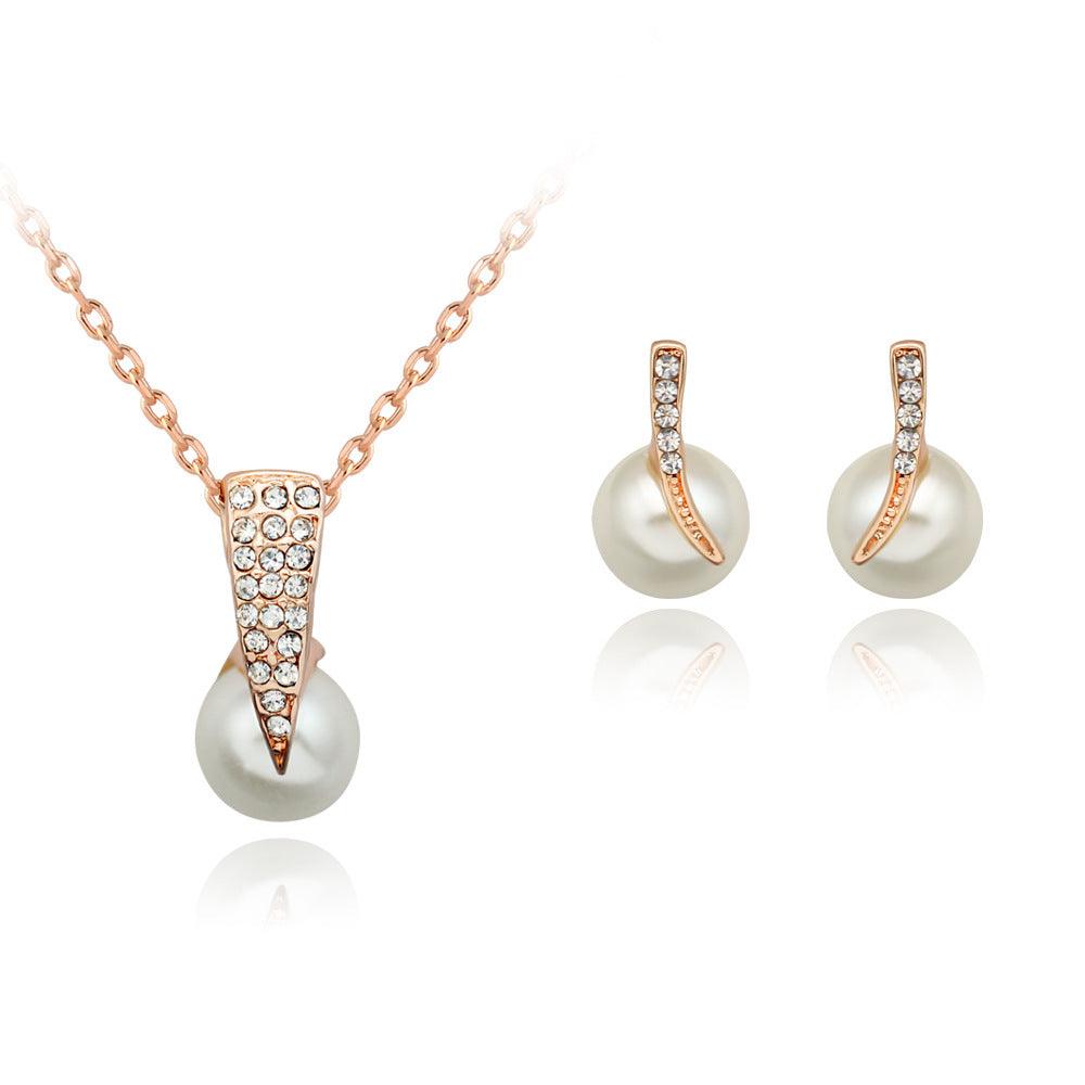 Rhinestone Pearl Necklace Set European And American Wedding Jewelry Party Dress Earrings - Nioor