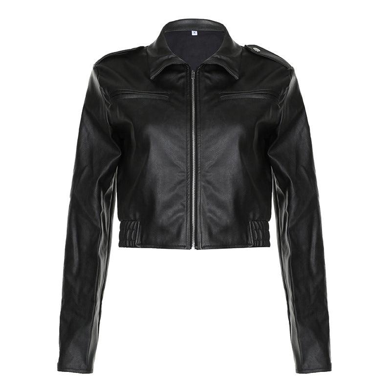 Women's Retro Hong Kong Style Lapel Long-sleeved Leather Jacket - Nioor