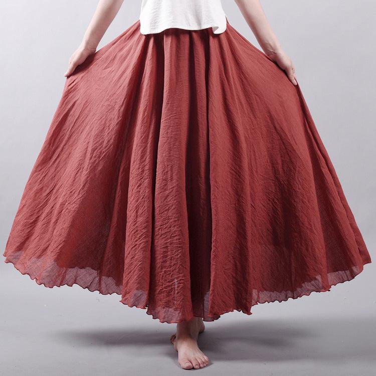 Women's Cotton Linen Elastic-waist Linen A- Line Skirt - Nioor