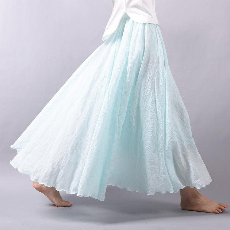 Women's Cotton Linen Elastic-waist Linen A- Line Skirt - Nioor