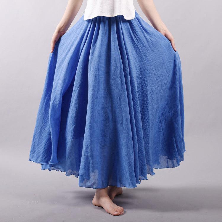 Women's Cotton Linen Elastic-waist Linen A- Line Skirt - Nioor