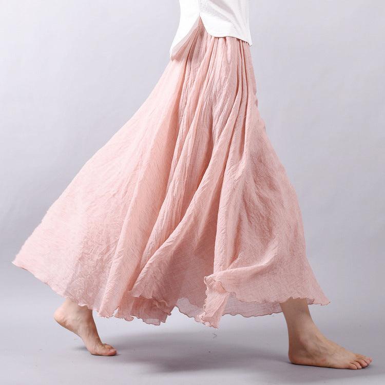 Women's Cotton Linen Elastic-waist Linen A- Line Skirt - Nioor