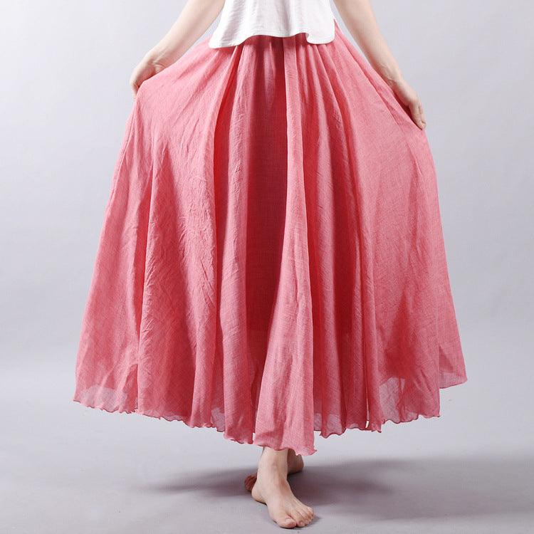 Women's Cotton Linen Elastic-waist Linen A- Line Skirt - Nioor