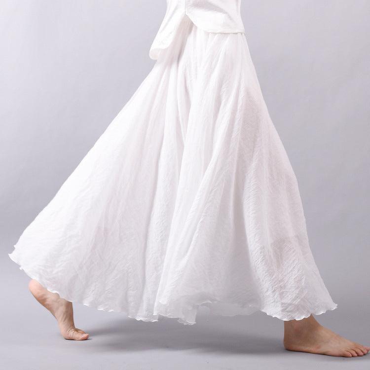 Women's Cotton Linen Elastic-waist Linen A- Line Skirt - Nioor