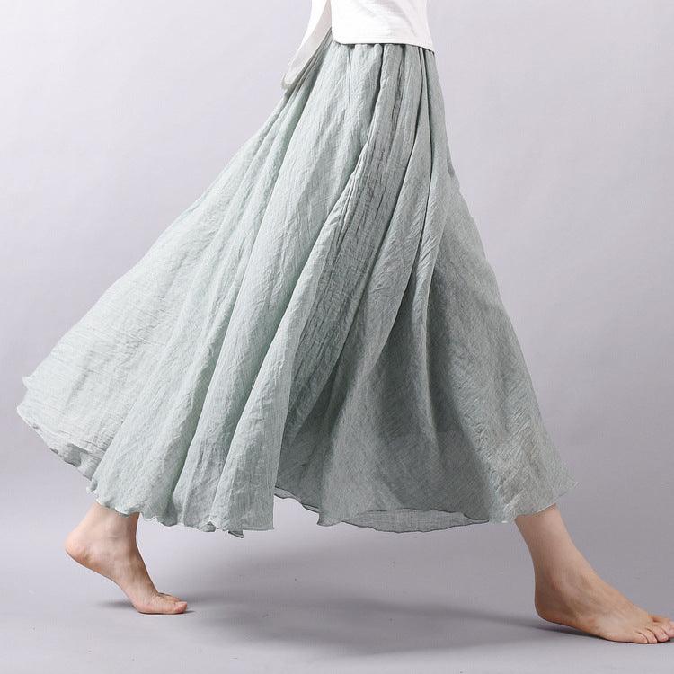 Women's Cotton Linen Elastic-waist Linen A- Line Skirt - Nioor