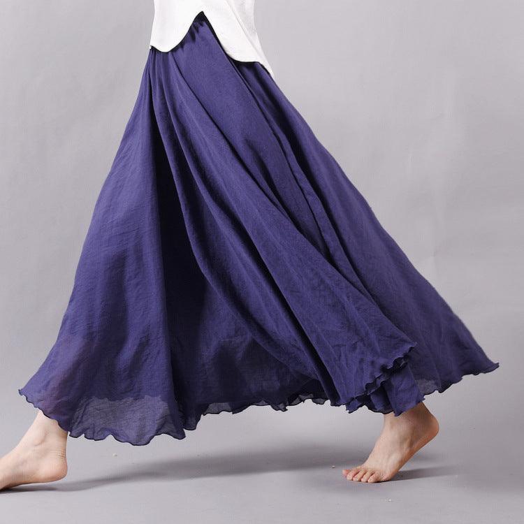 Women's Cotton Linen Elastic-waist Linen A- Line Skirt - Nioor